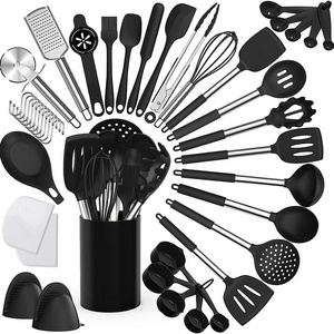 Heat resistant black kitchen gadgets tools 43 pcs  stainless steel handle silicone kitchen cooking utensils set with holder