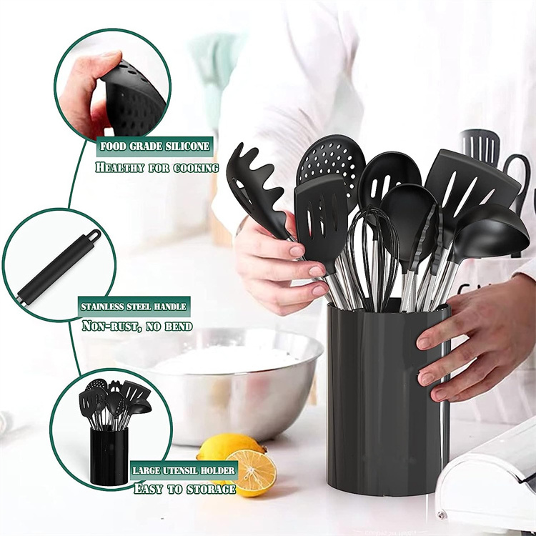 Heat resistant black kitchen gadgets tools 43 pcs  stainless steel handle silicone kitchen cooking utensils set with holder