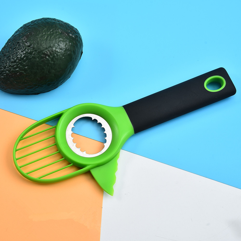 Good grip handle green multi functional kiwi knife hand shape 3 in 1 plastic avocado slicer cutter