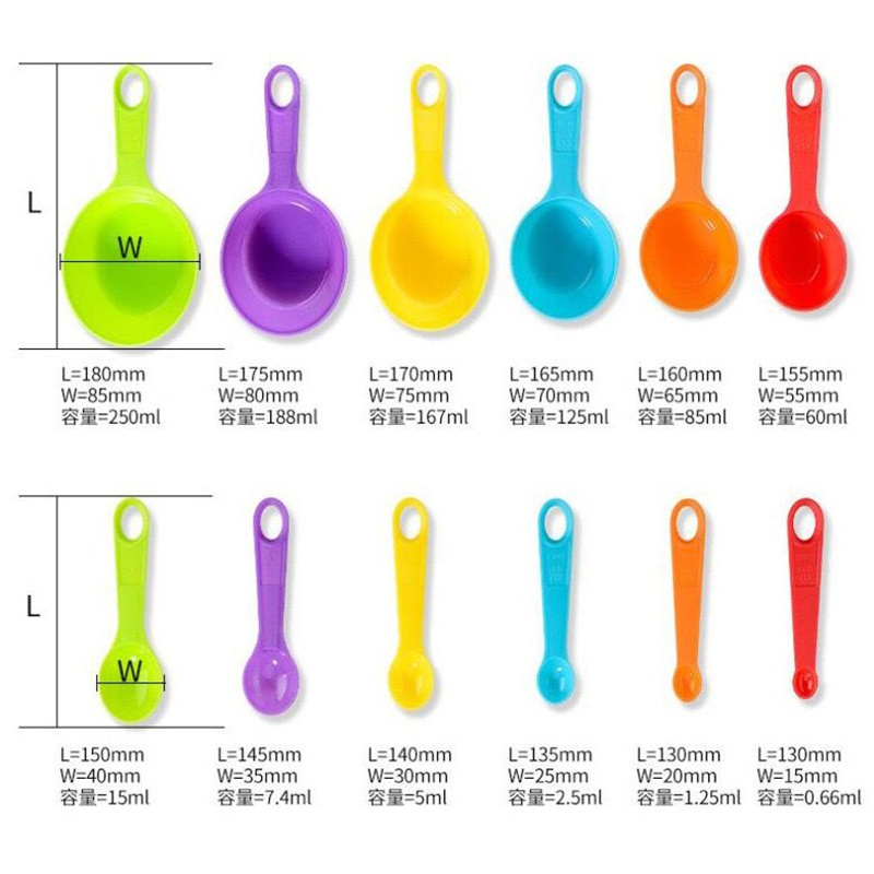 Eco Friendly Kitchen Baking Measuring Tools 12 Piece Oval Shape Plastic Random Colorful Measuring Cups and Spoons Set