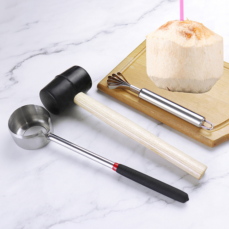 Food grade stainless steel wooden handle coconut hammer coconut opener and grater set 3 pieces