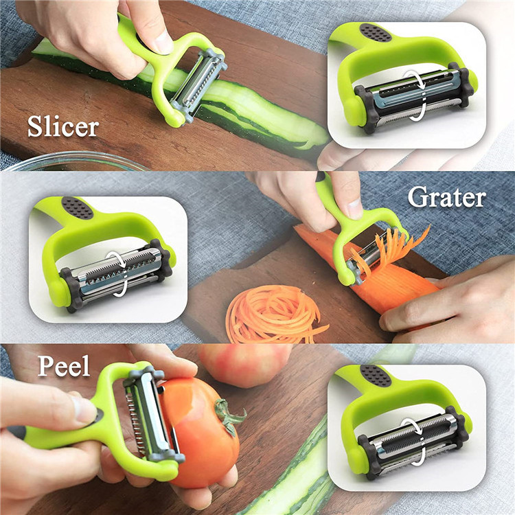 Multi function triple serrated blade stainless steel cabbage peeler 3 in 1 vegetable rotating sweet plastic potato peeler