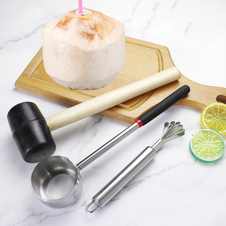 Food grade stainless steel wooden handle coconut hammer coconut opener and grater set 3 pieces