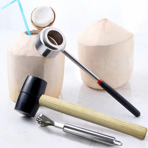 Food grade stainless steel wooden handle coconut hammer coconut opener and grater set 3 pieces