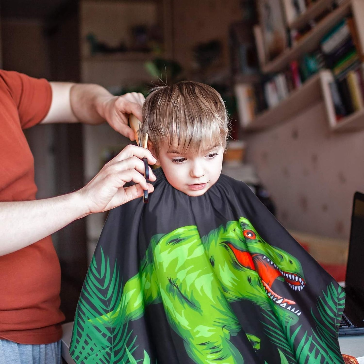 Professional Barber Salon Dinosaur Hair Cutting Cape for Boys with Adjustable Snap Closure