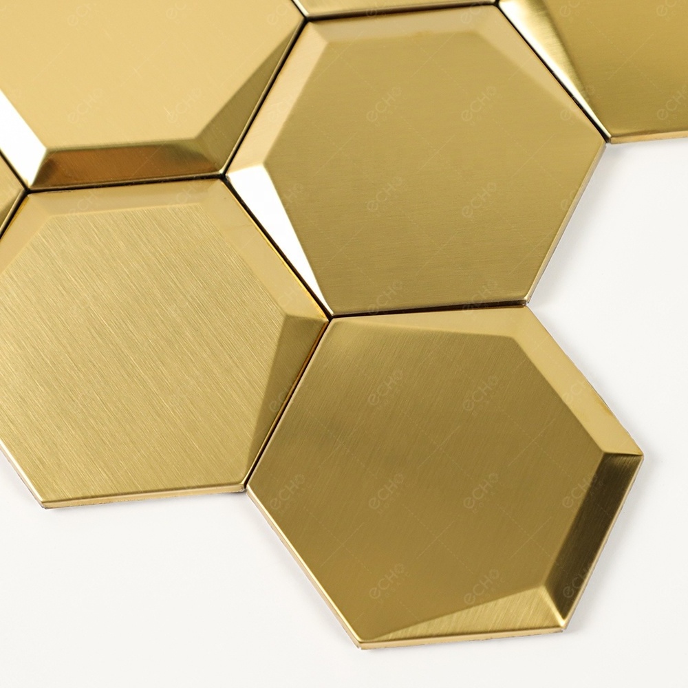 3D Hexagonal Gold Brushed Stainless Steel Peel and Stick Metal Mosaic Tiles