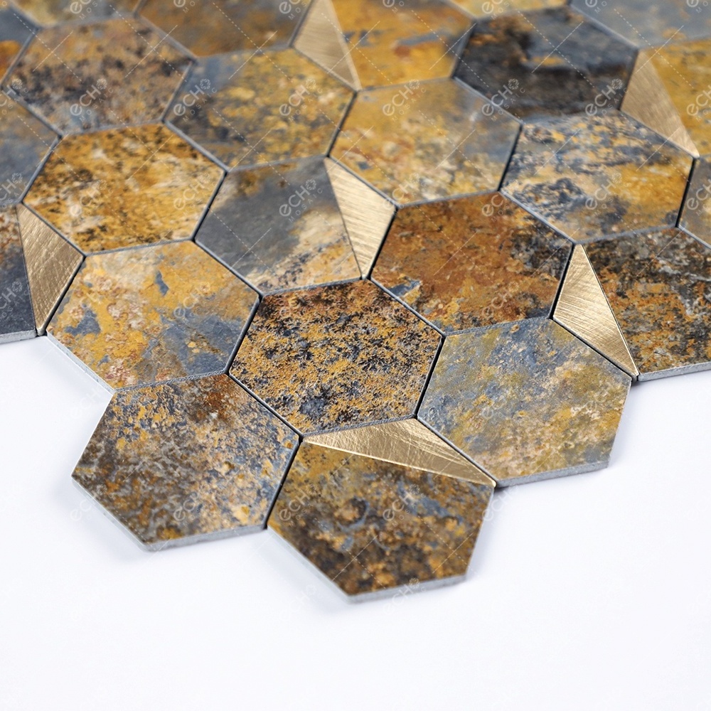 Hexagon Faux Rust Stone PVC Mosaic Peel and Stick Aluminum Wall Tile for Kitchen Backsplash