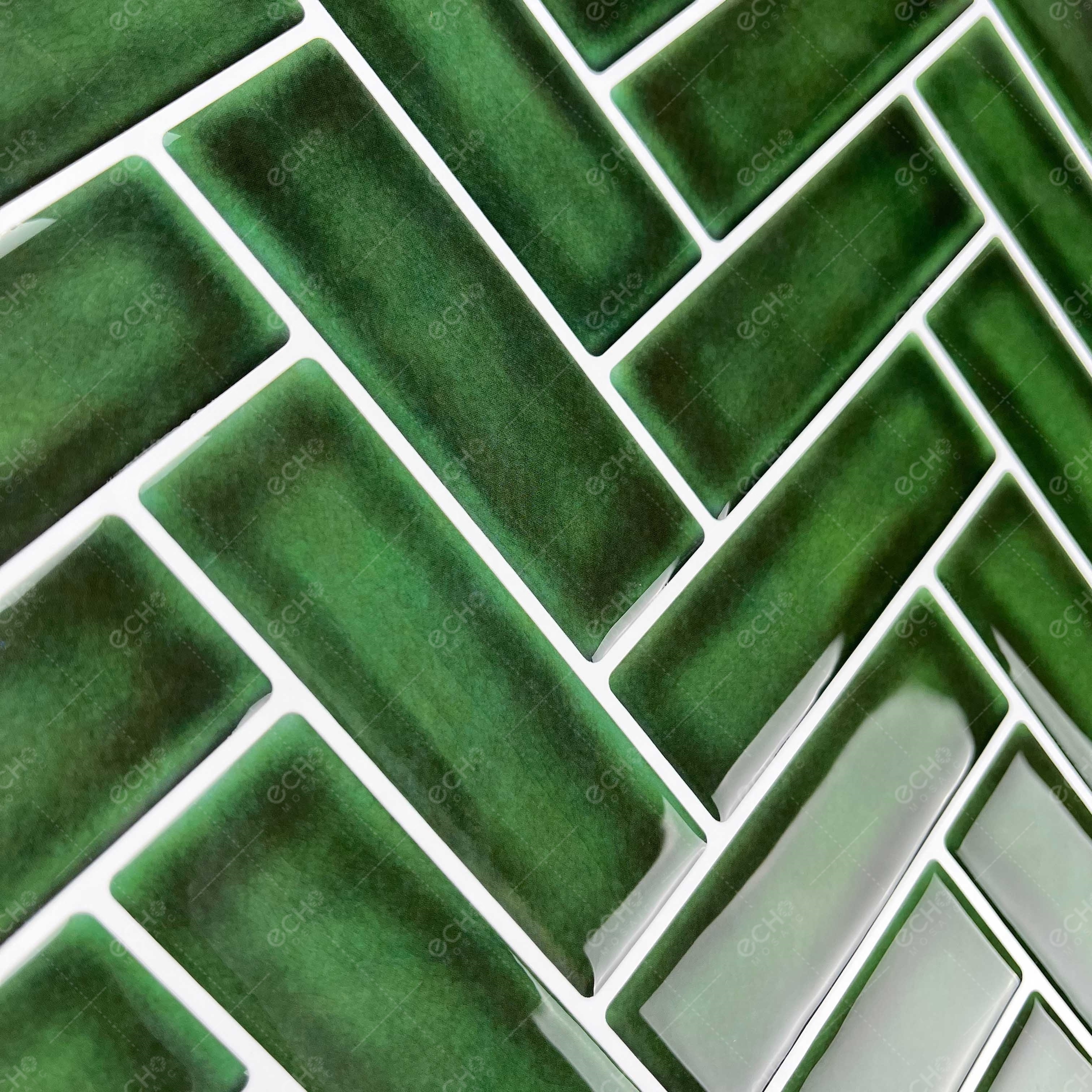 Emerald Forest Green Herringbone 3D Peel and Stick Wall Tiles Stick on Backsplash for Kitchen Bathroom