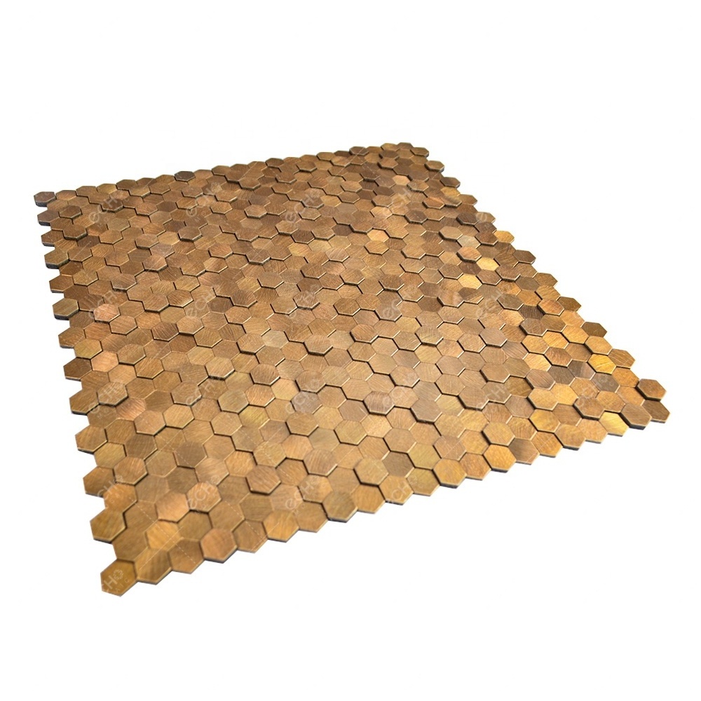 3D peel and stick wall tiles hexagon gold brushed aluminium metal mosaic tiles