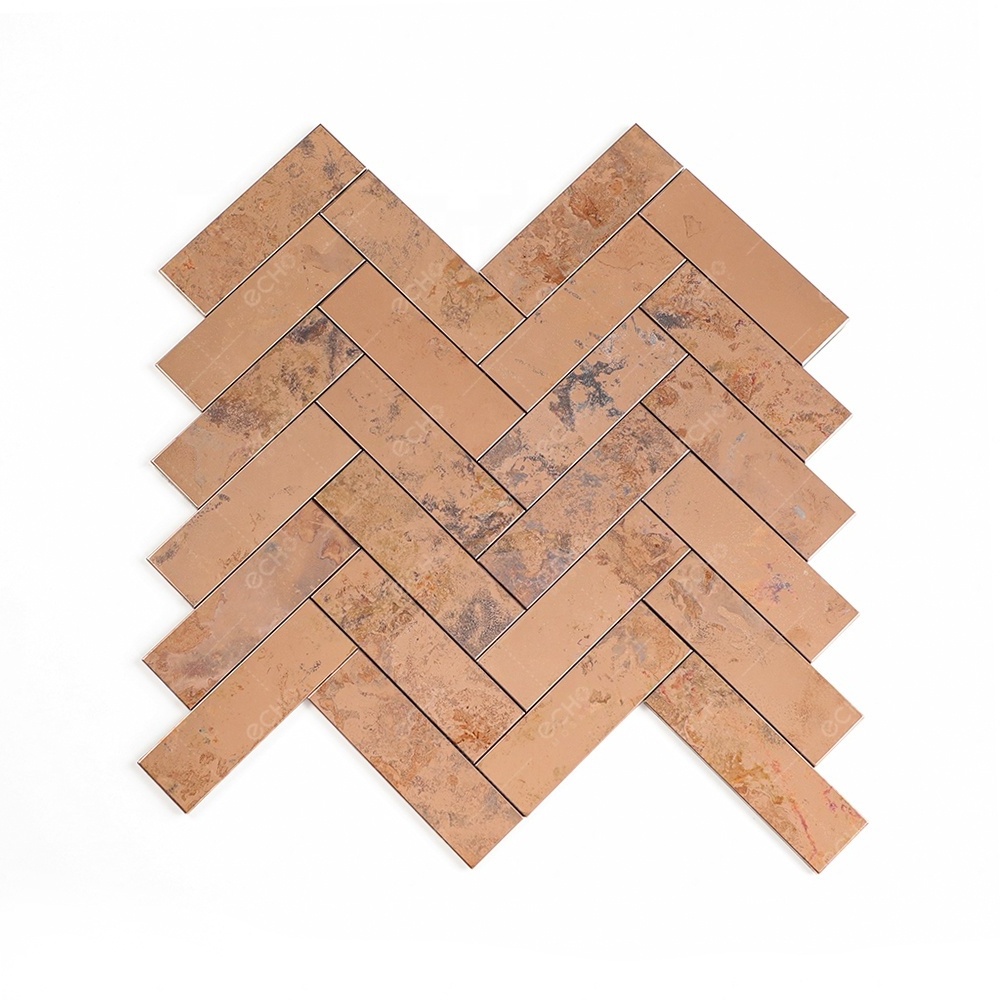 Herringbone Distressed Metal Aged Rust Copper Stainless Steel Peel and Stick Mosaic Tiles