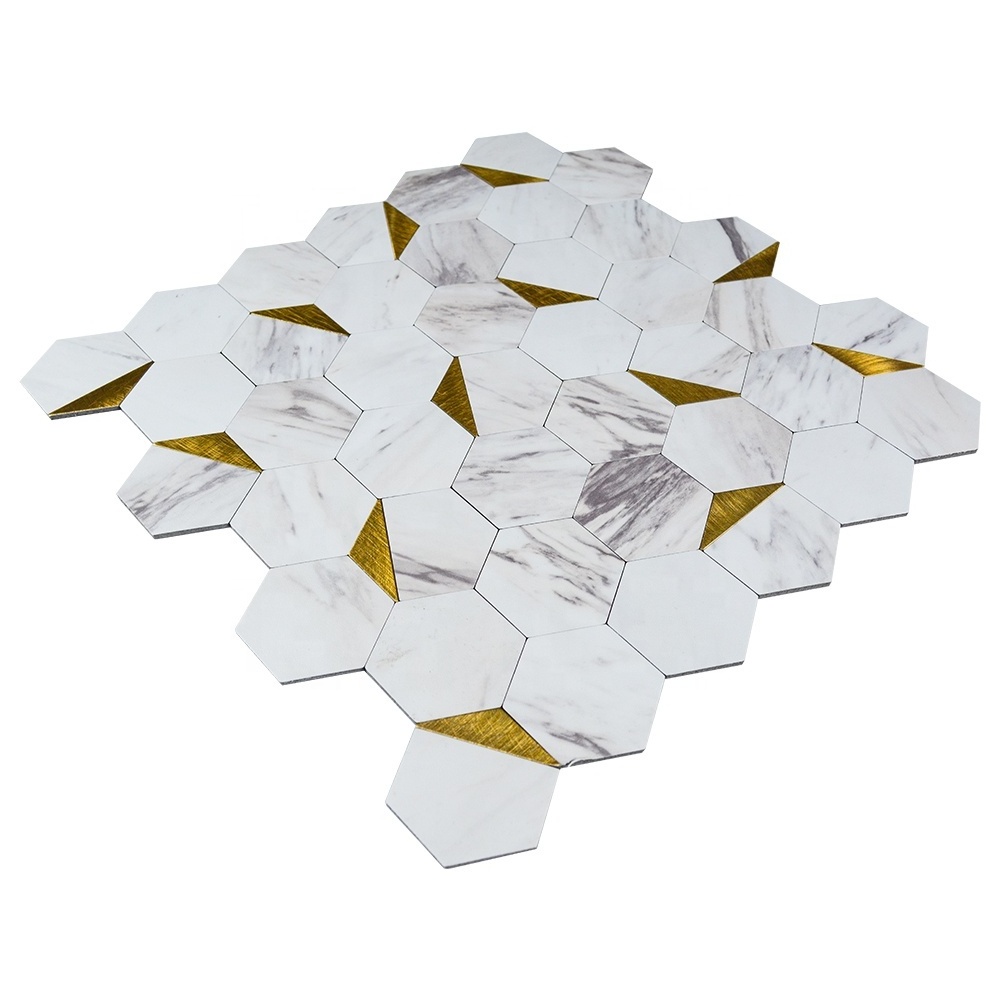 Hexagon Gold Aluminium Metal Mixed White PVC Stone Look Peel and Stick Wall Tile Kitchen Backsplash