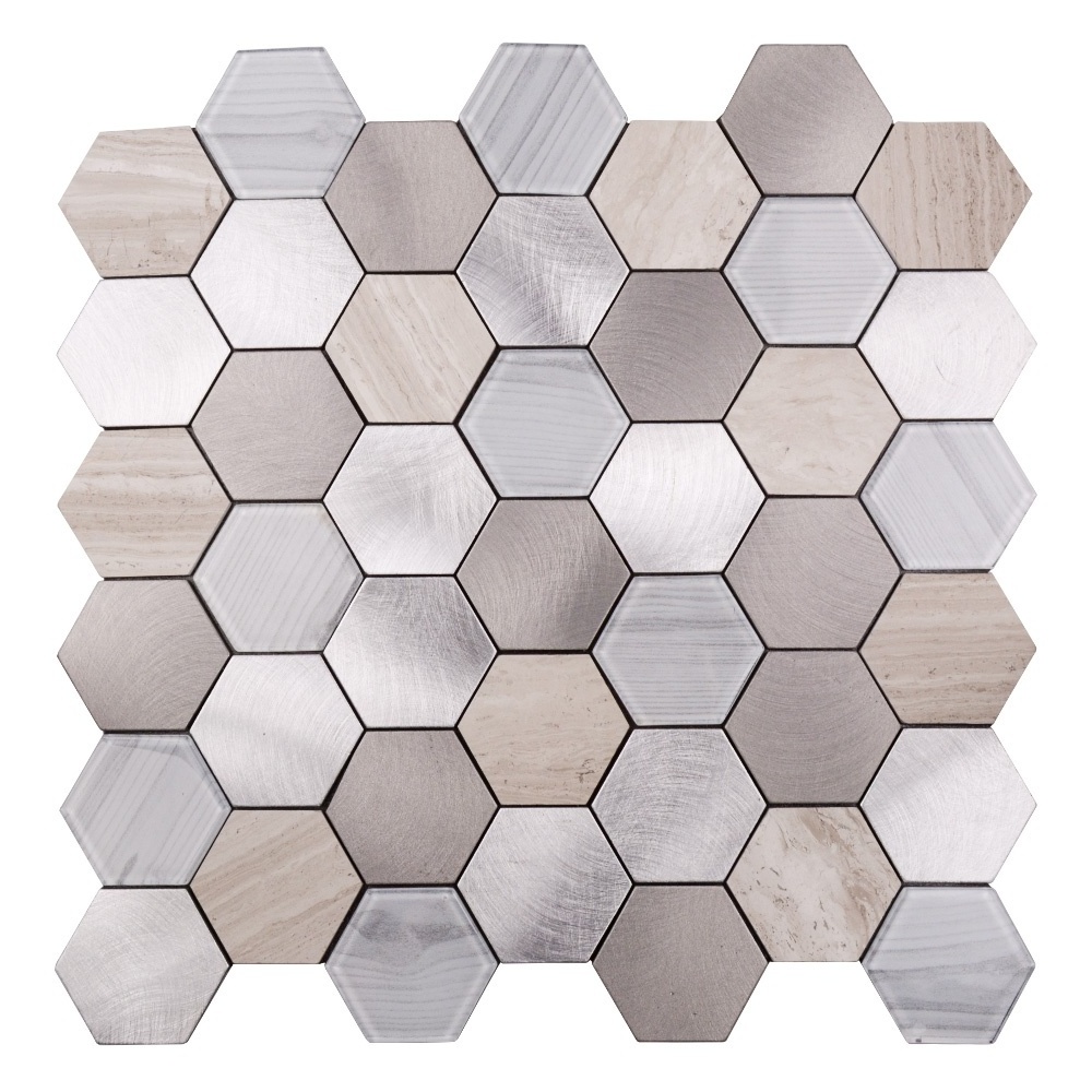 Hexagonal Mosaic Glass and Gray Wood Peel and Stick Stone Tile Backsplash