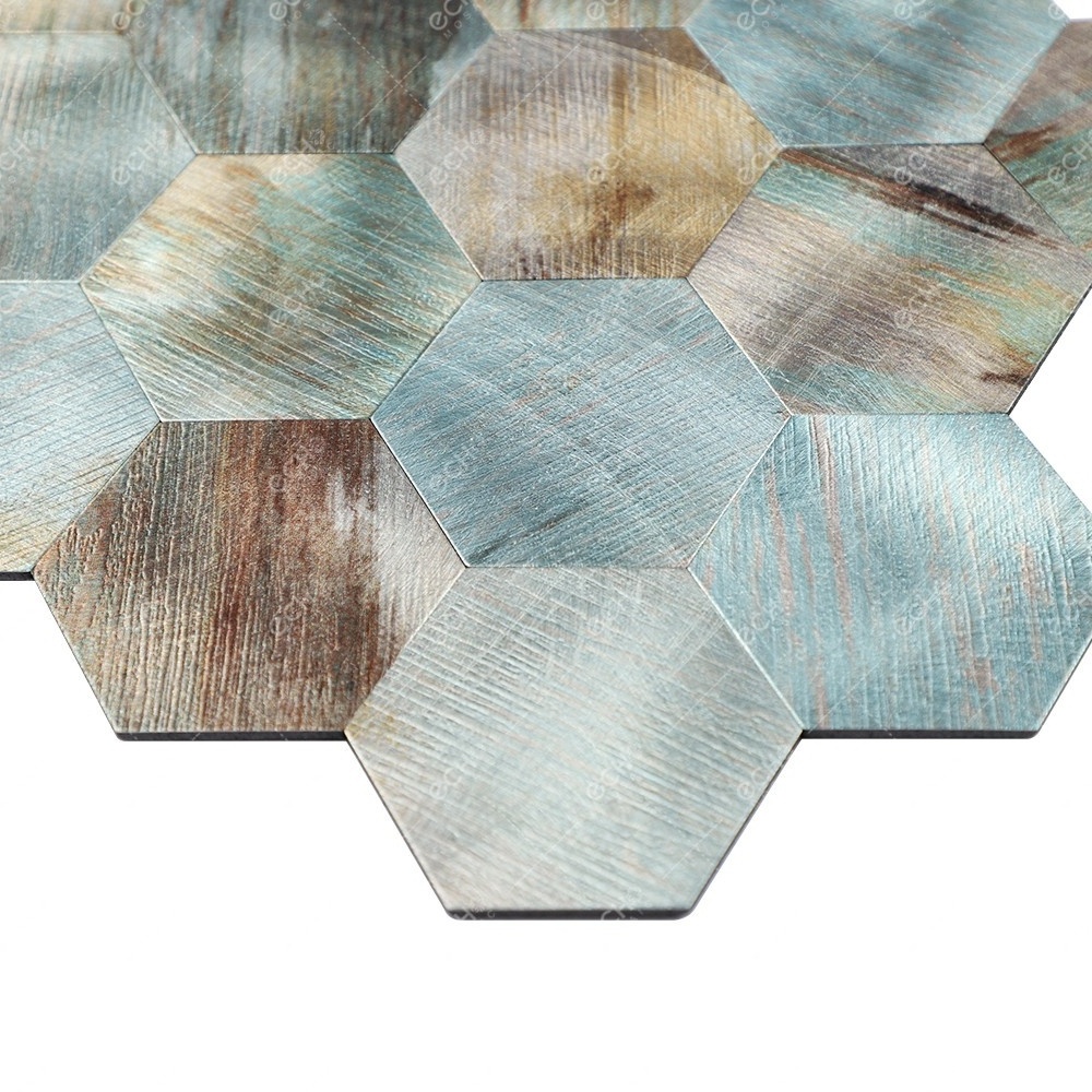 Wood Grain 73mm Hexagonal Peel and Stick Aluminium Mosaic kitchen and bathroom tiles