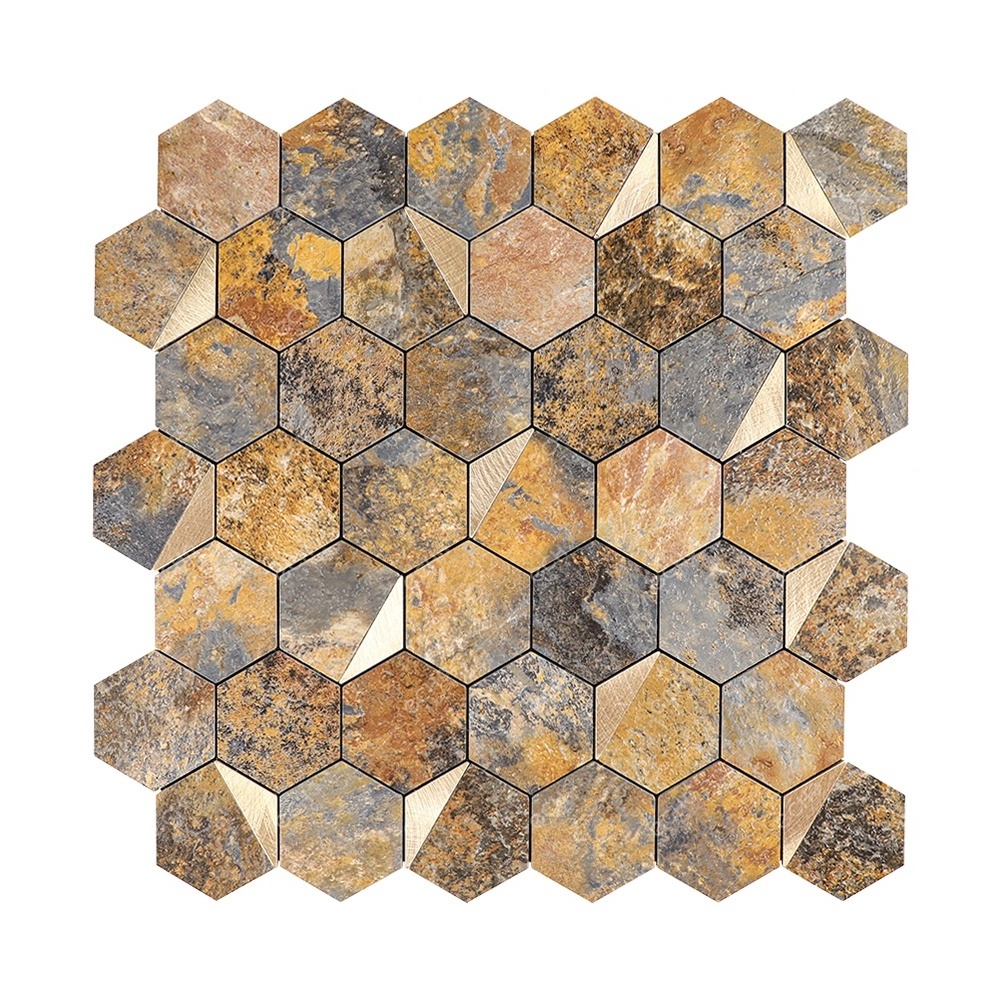 Hexagon Faux Rust Stone PVC Mosaic Peel and Stick Aluminum Wall Tile for Kitchen Backsplash