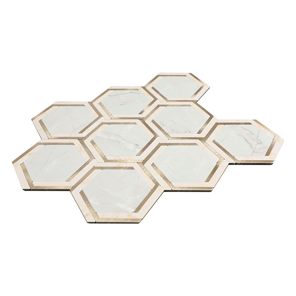 Gold trim and light marbled hexagon metal mosaic tile modern style 3D wall tile for home decoration