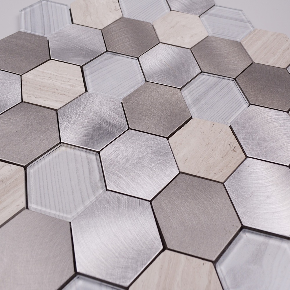 Hexagonal Mosaic Glass and Gray Wood Peel and Stick Stone Tile Backsplash