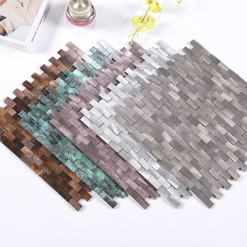 Ready to Ship 3D Mini Brick Peel and Stick Metal Mosaic Retro Bronze Green Brass Aluminium Mosaic Tiles for Interior Home Decor