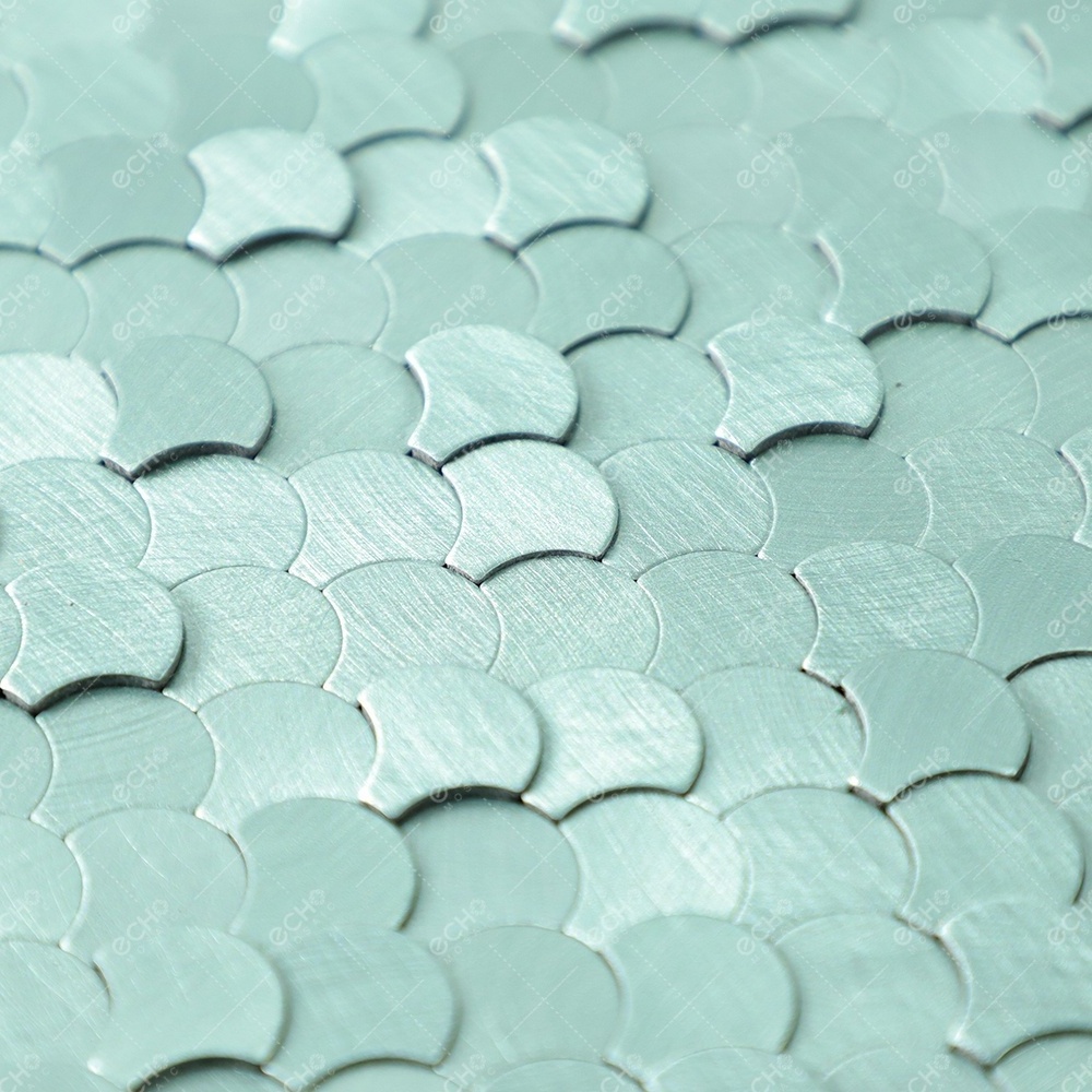 Ready to Ship 3D Mini Scallop Mint Green Peel and Stick Backsplash Aluminium Metal Mosaic Tiles for House Renovation