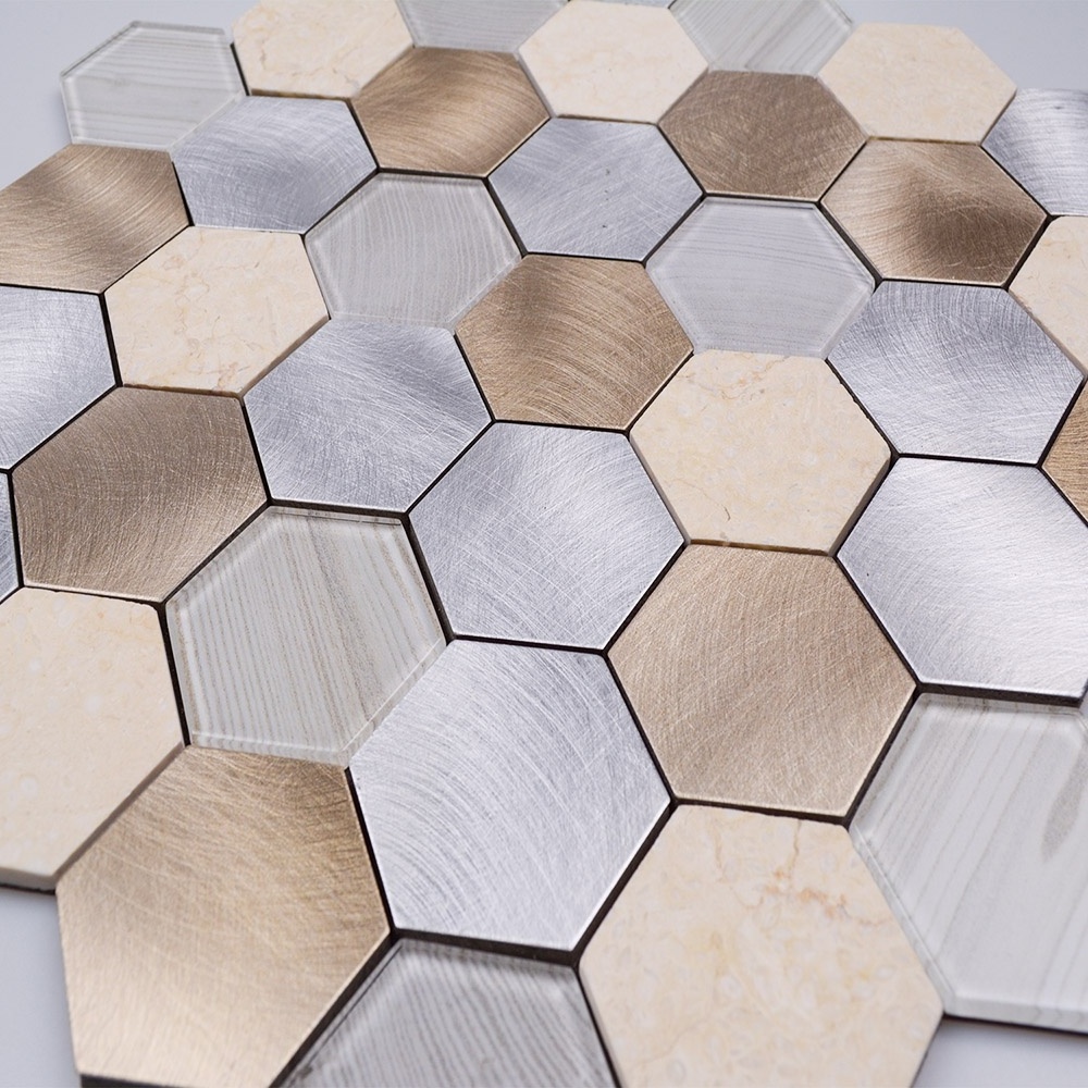 Peel and Stick Hexagon Metal Glass and Stone Mosaic tiles