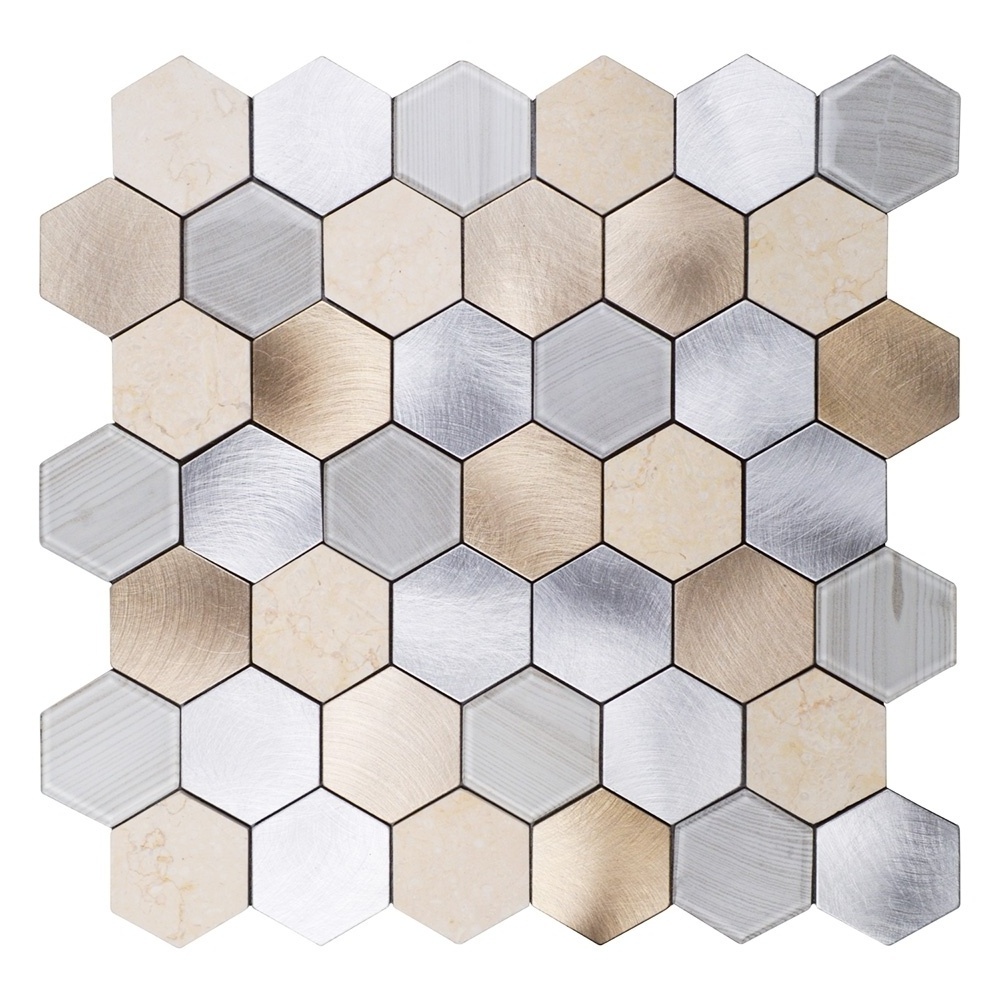 Peel and Stick Hexagon Metal Glass and Stone Mosaic tiles