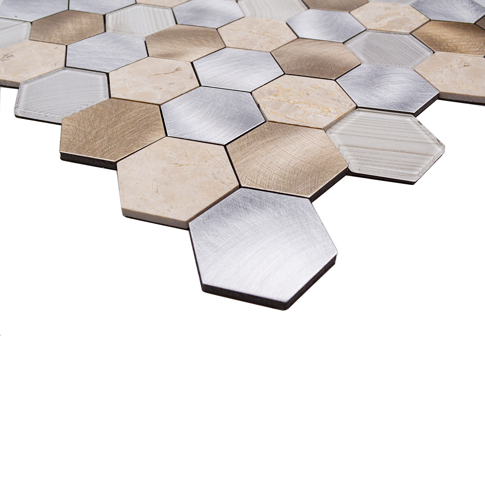 Peel and Stick Hexagon Metal Glass and Stone Mosaic tiles