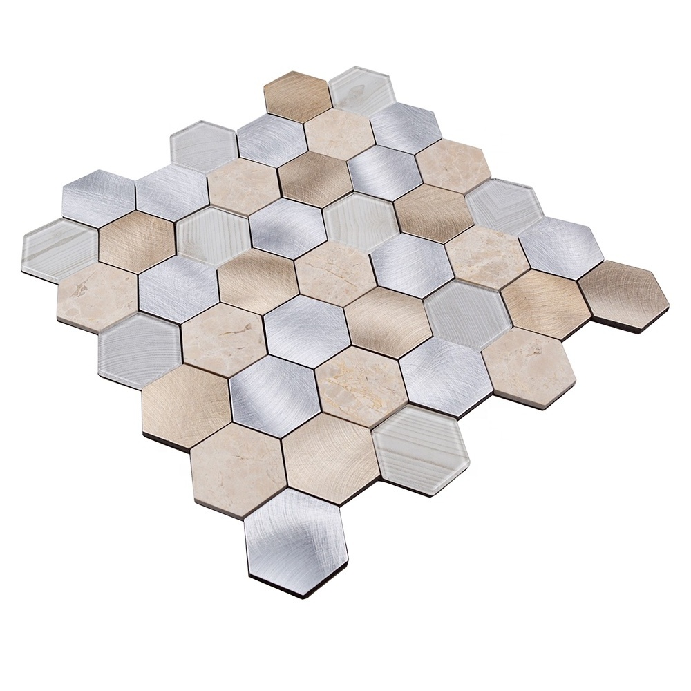 Peel and Stick Hexagon Metal Glass and Stone Mosaic tiles