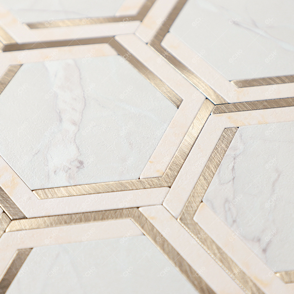 Gold trim and light marbled hexagon metal mosaic tile modern style 3D wall tile for home decoration