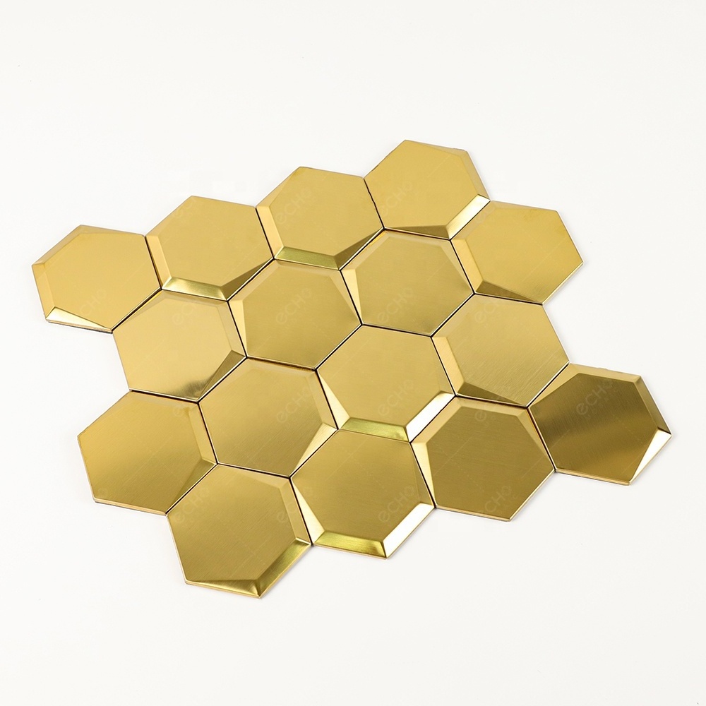 3D Hexagonal Gold Brushed Stainless Steel Peel and Stick Metal Mosaic Tiles