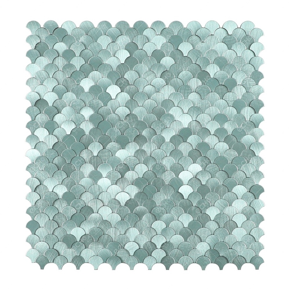 Ready to Ship 3D Mini Scallop Mint Green Peel and Stick Backsplash Aluminium Metal Mosaic Tiles for House Renovation