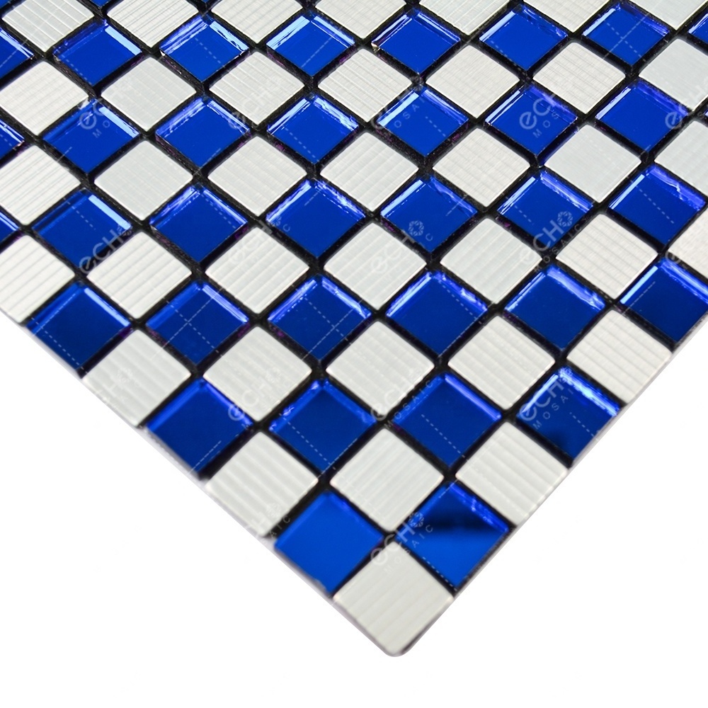 Ready to Ship Square Blue Glass Mirror Peel and Stick Aluminium Wall Tile for Kitchen Backsplash