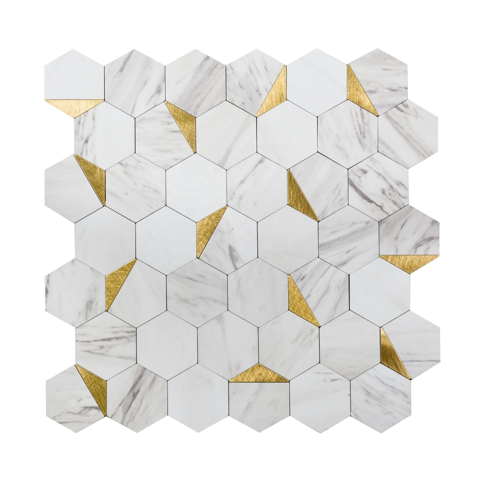 Hexagon Gold Aluminium Metal Mixed White PVC Stone Look Peel and Stick Wall Tile Kitchen Backsplash