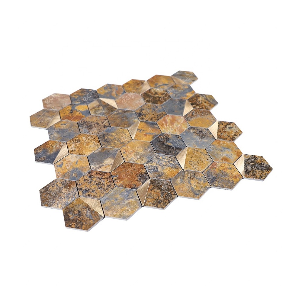 Hexagon Faux Rust Stone PVC Mosaic Peel and Stick Aluminum Wall Tile for Kitchen Backsplash