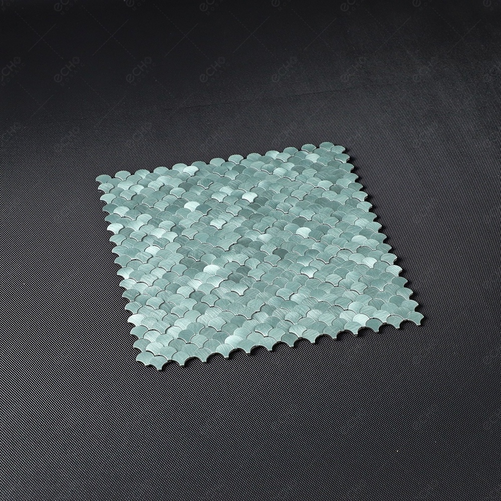 Ready to Ship 3D Mini Scallop Mint Green Peel and Stick Backsplash Aluminium Metal Mosaic Tiles for House Renovation