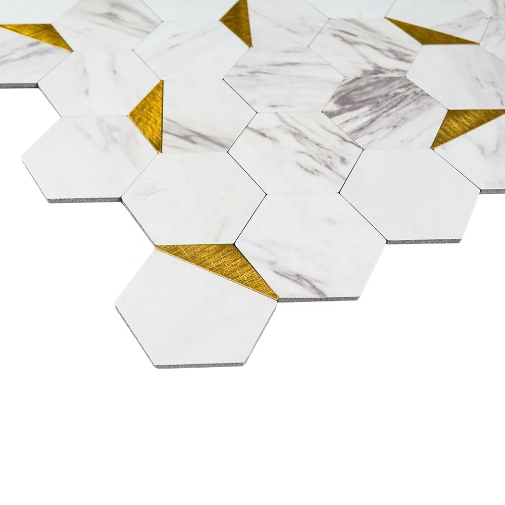 Hexagon Gold Aluminium Metal Mixed White PVC Stone Look Peel and Stick Wall Tile Kitchen Backsplash