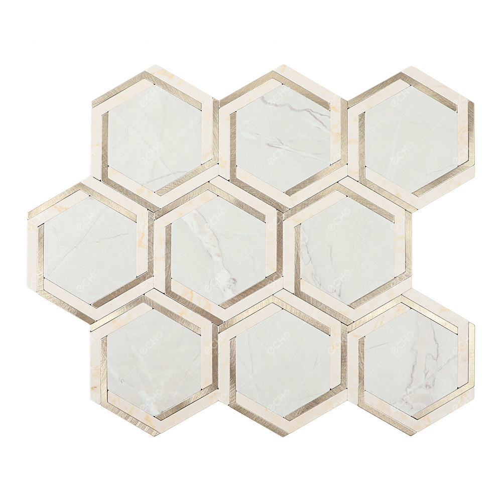 Gold trim and light marbled hexagon metal mosaic tile modern style 3D wall tile for home decoration