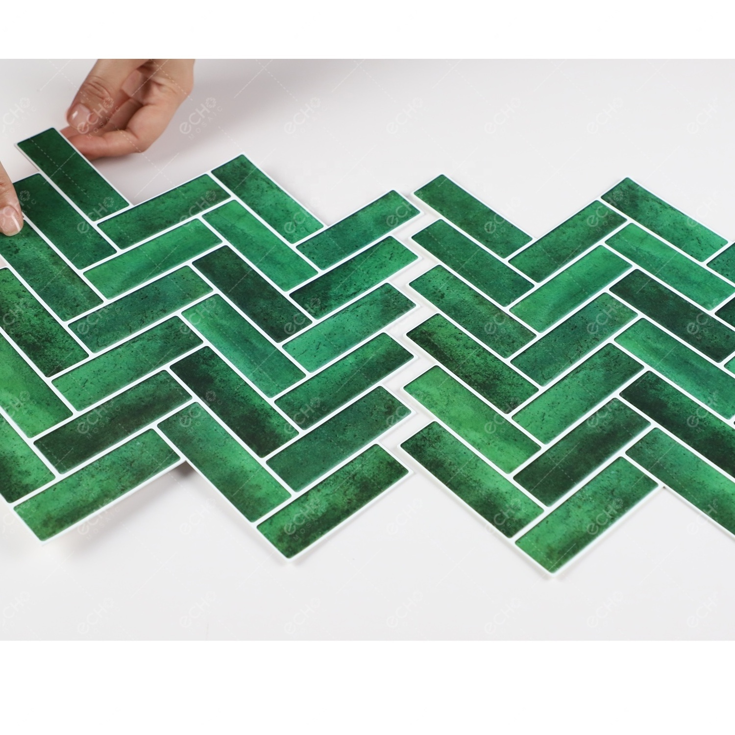 Ready to Ship Green Herringbone 3D 12x12 Backsplash Gel Tile Peel and Stick Mosaic for Kitchen Backsplash