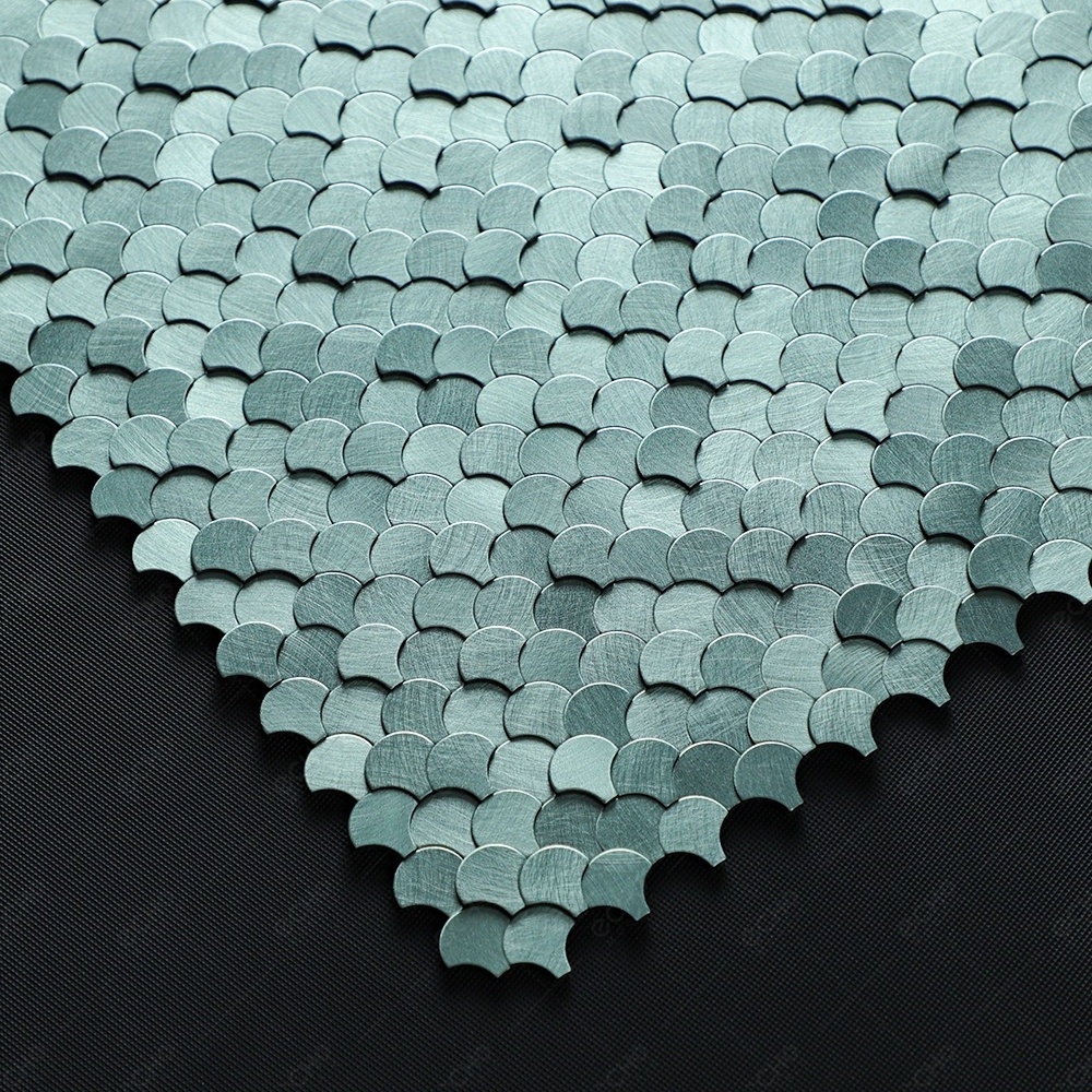 Ready to Ship 3D Mini Scallop Mint Green Peel and Stick Backsplash Aluminium Metal Mosaic Tiles for House Renovation