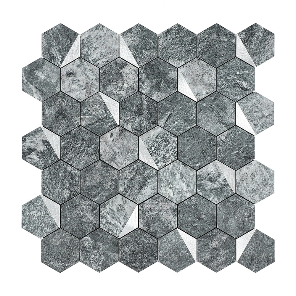 Hexagon pvc and aluminium silver surface faux stone backsplash peel and stick mosaic tile for kitchen