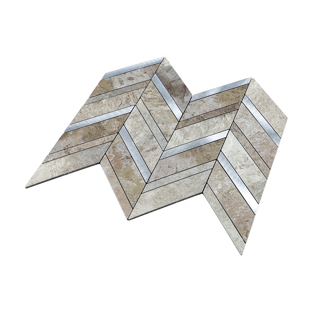 Ready to Ship Herringbone Faux Marble Mixed Silver Aluminum Mosaic Stick on Tiles Peel and Stick Backsplash for Home Decor