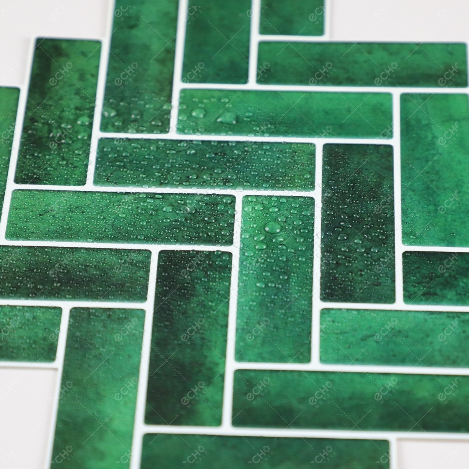 Ready to Ship Green Herringbone 3D 12x12 Backsplash Gel Tile Peel and Stick Mosaic for Kitchen Backsplash