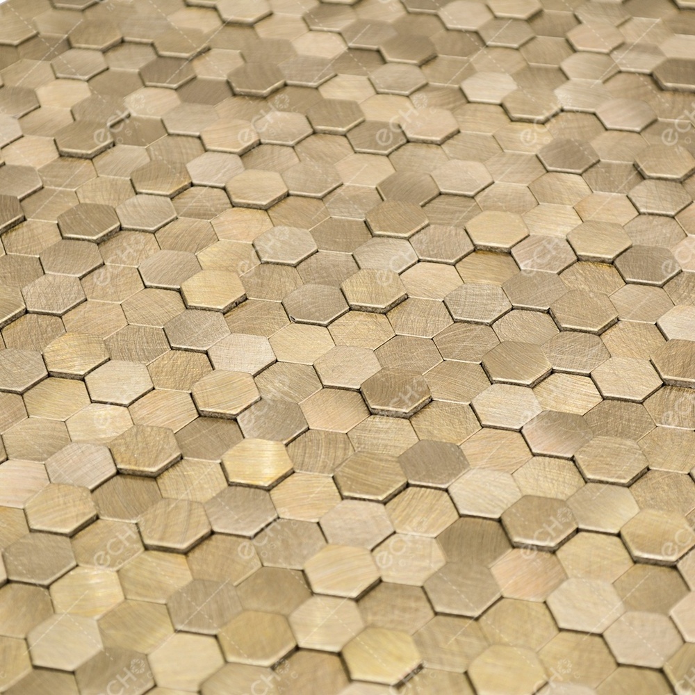 Ready to Ship 3D Mini Hexagon Gold Aluminium Self Adhesive Metal Mosaic Tiles for Kitchen