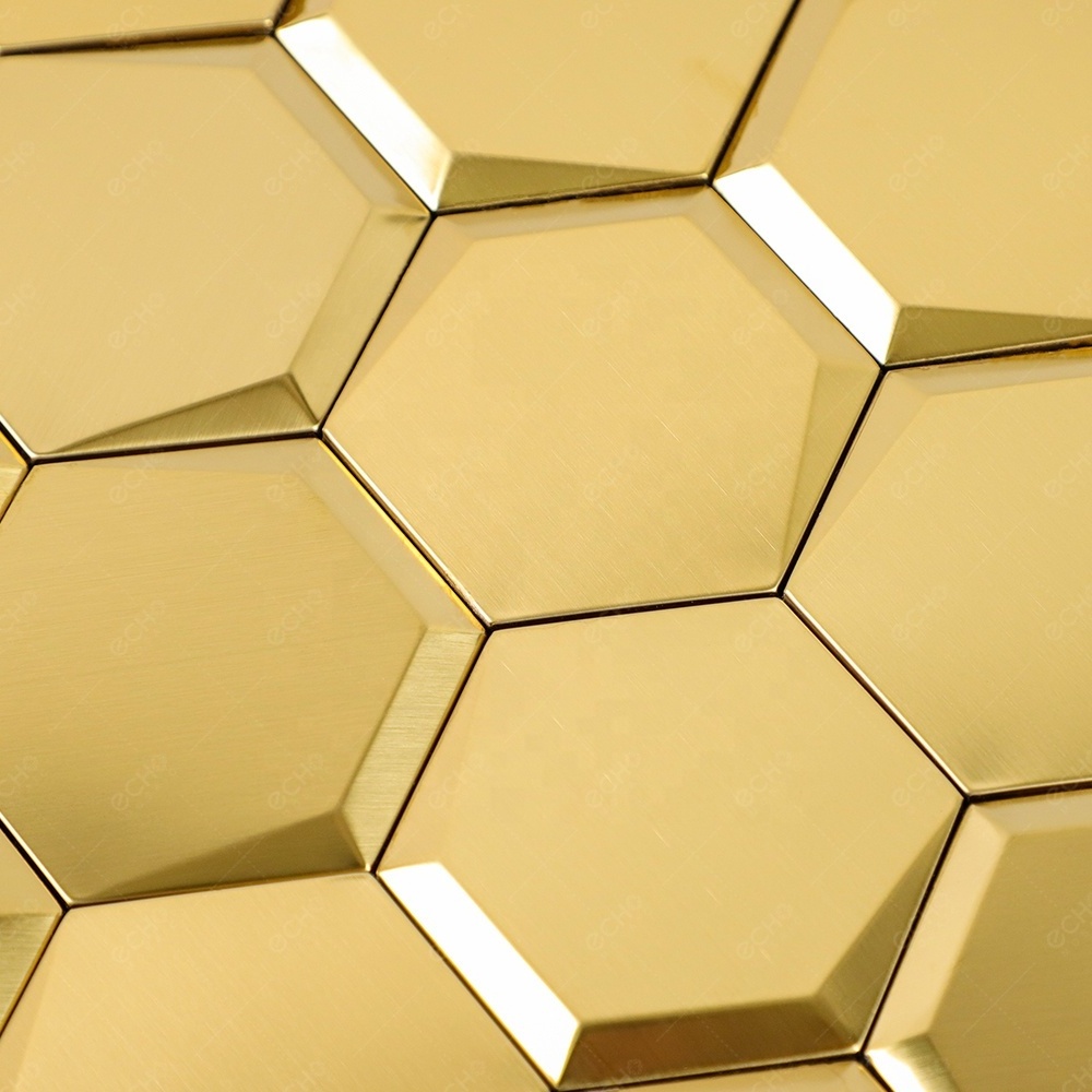 3D Hexagonal Gold Brushed Stainless Steel Peel and Stick Metal Mosaic Tiles