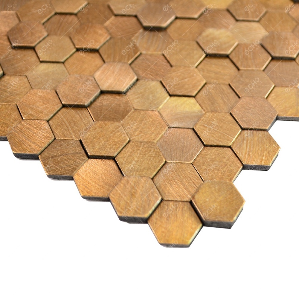 3D peel and stick wall tiles hexagon gold brushed aluminium metal mosaic tiles