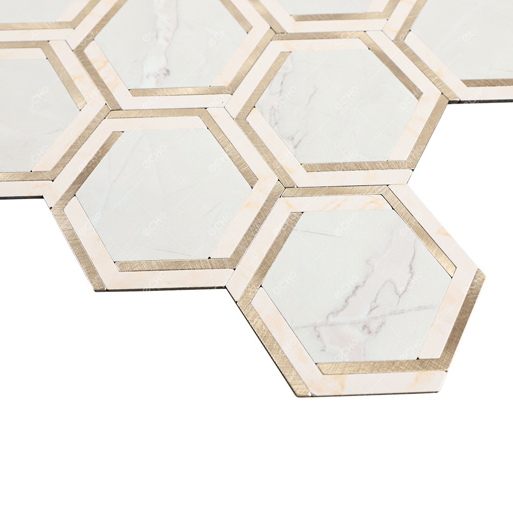 Gold trim and light marbled hexagon metal mosaic tile modern style 3D wall tile for home decoration