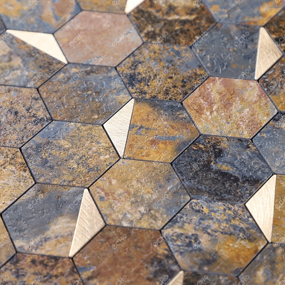 Hexagon Faux Rust Stone PVC Mosaic Peel and Stick Aluminum Wall Tile for Kitchen Backsplash