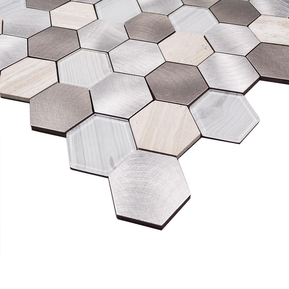 Hexagonal Mosaic Glass and Gray Wood Peel and Stick Stone Tile Backsplash