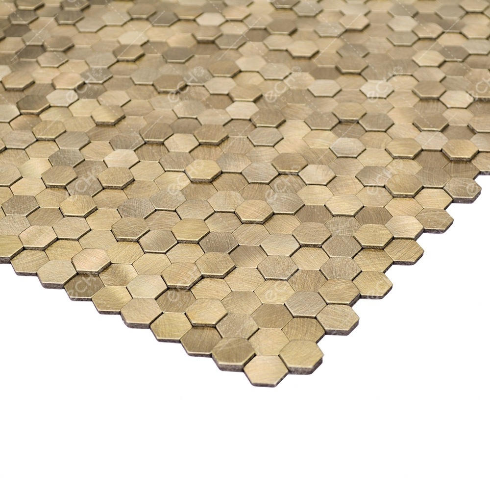 Ready to Ship 3D Mini Hexagon Gold Aluminium Self Adhesive Metal Mosaic Tiles for Kitchen