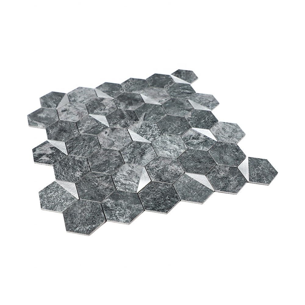 Hexagon pvc and aluminium silver surface faux stone backsplash peel and stick mosaic tile for kitchen