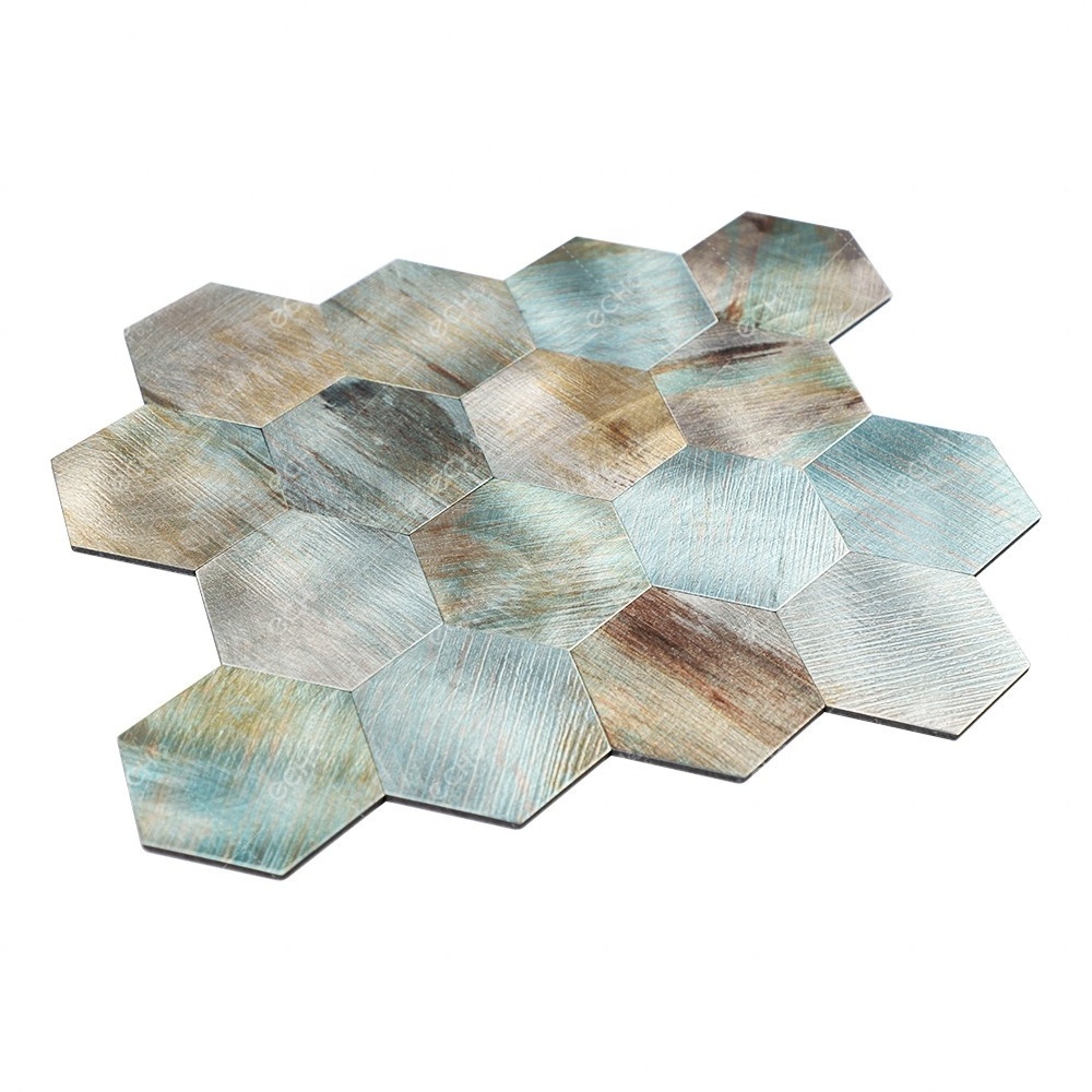 Wood Grain 73mm Hexagonal Peel and Stick Aluminium Mosaic kitchen and bathroom tiles