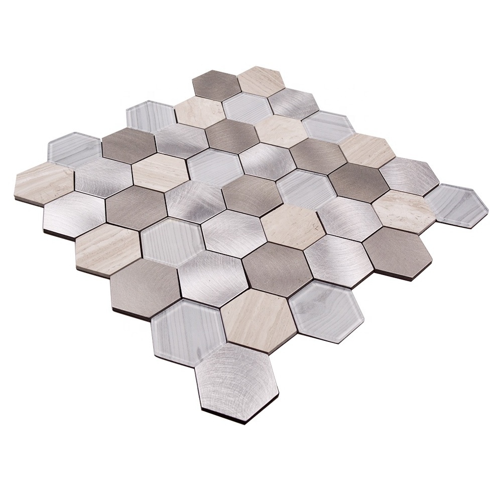 Hexagonal Mosaic Glass and Gray Wood Peel and Stick Stone Tile Backsplash